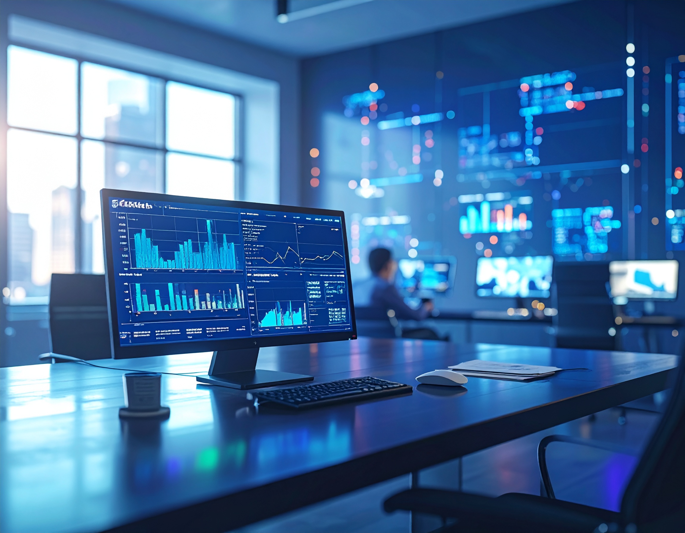 Modern office with multiple computer screens displaying data analytics and graphs, representing AI-driven business intelligence and digital transformation.
