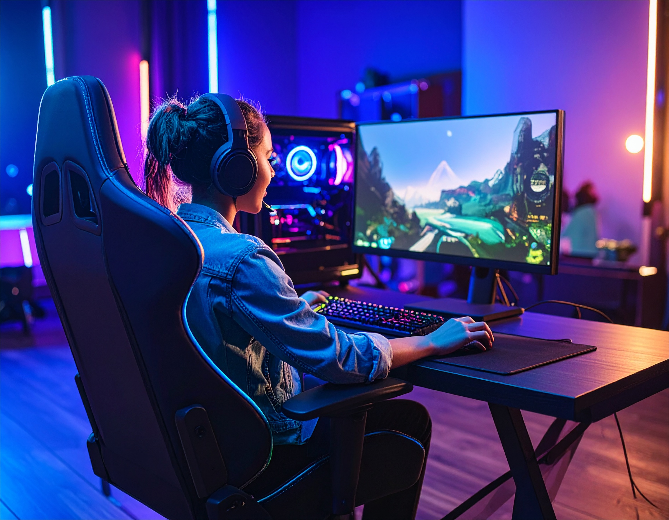 Young gamer wearing headphones sitting in a gaming chair, playing on a high-performance desktop PC with RGB lighting and a large monitor displaying a fantasy landscape, in a neon-lit room.