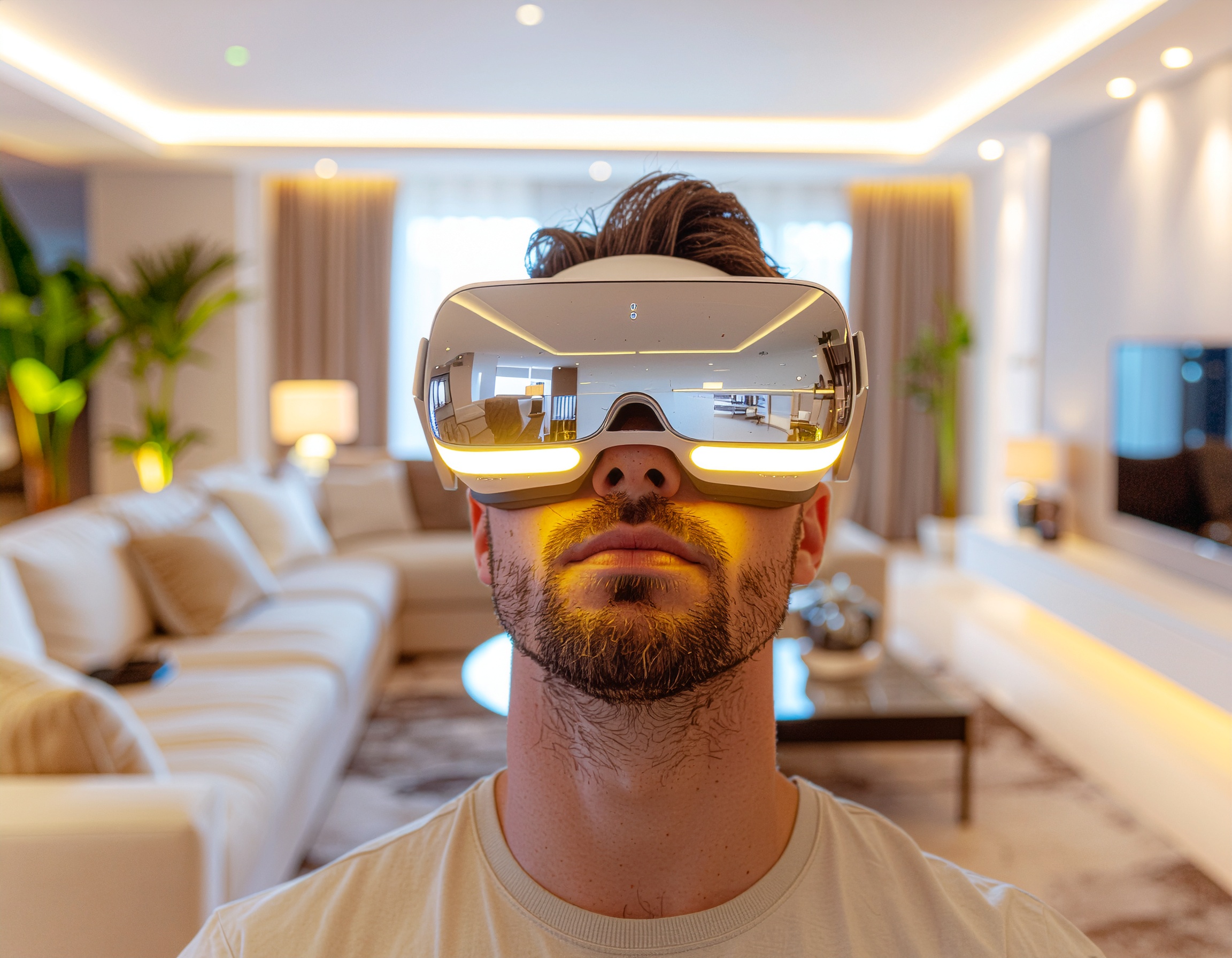 Man wearing futuristic VR goggles with reflective lenses in a modern, well-lit living room, highlighting premium design and immersive technology experience.