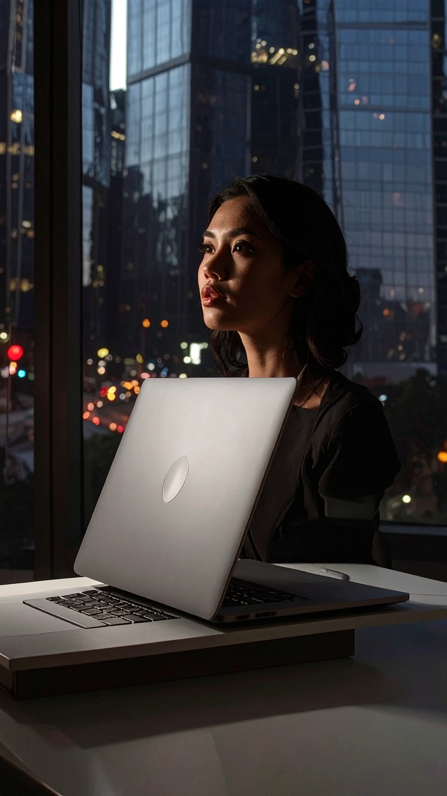 Woman sitting at a desk in a modern city office at night, illuminated by ambient light from outside skyscrapers, with a sleek silver laptop partially open in front of her.