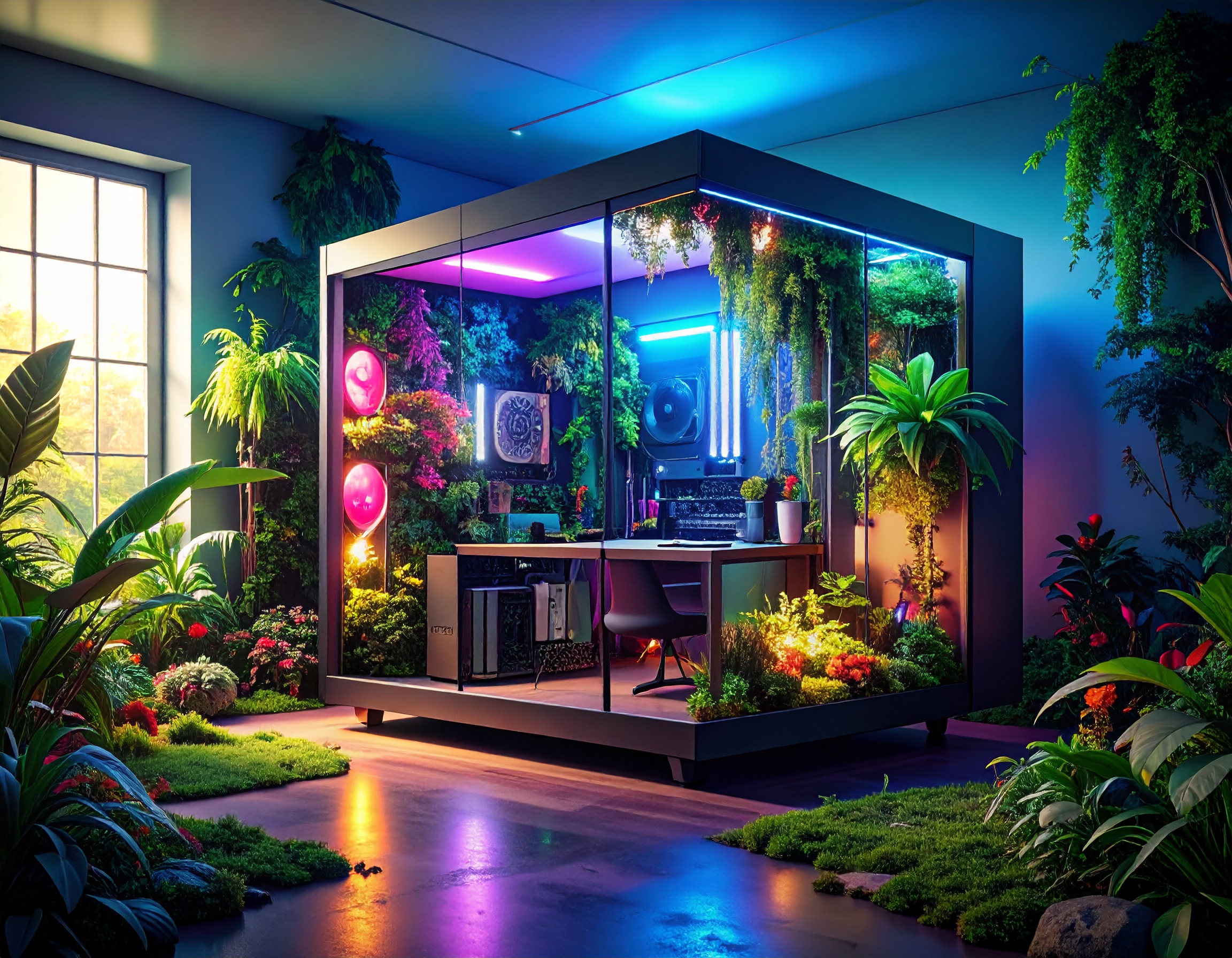 uturistic glass office pod filled with lush greenery and neon lighting, featuring a modern computer workstation surrounded by plants and glowing accents in a vibrant indoor garden setting.