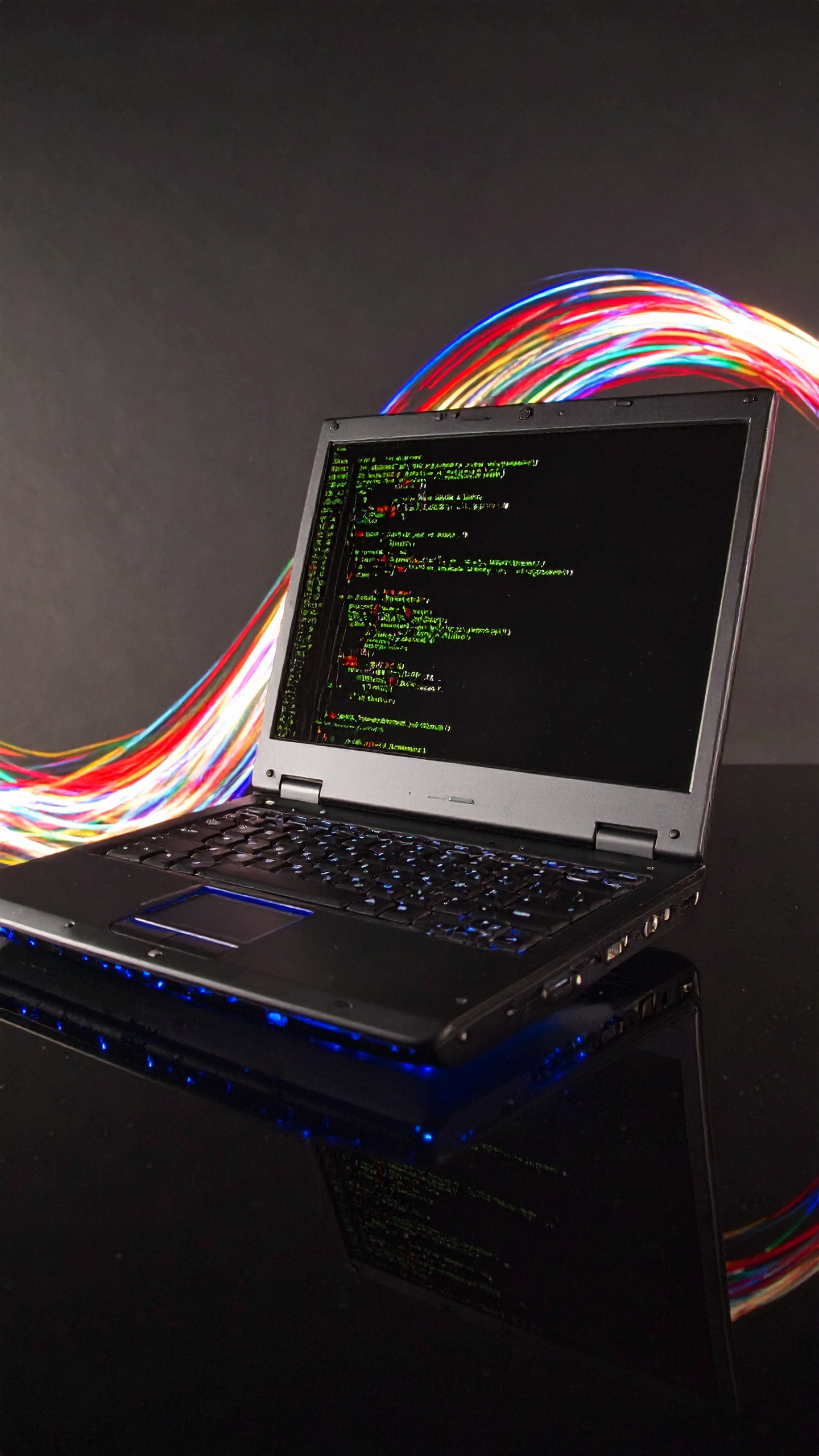 Laptop in a dark setting with code displayed on the screen, illuminated by blue keyboard lighting, and colorful light trails flowing behind it, symbolizing AI and data processing.