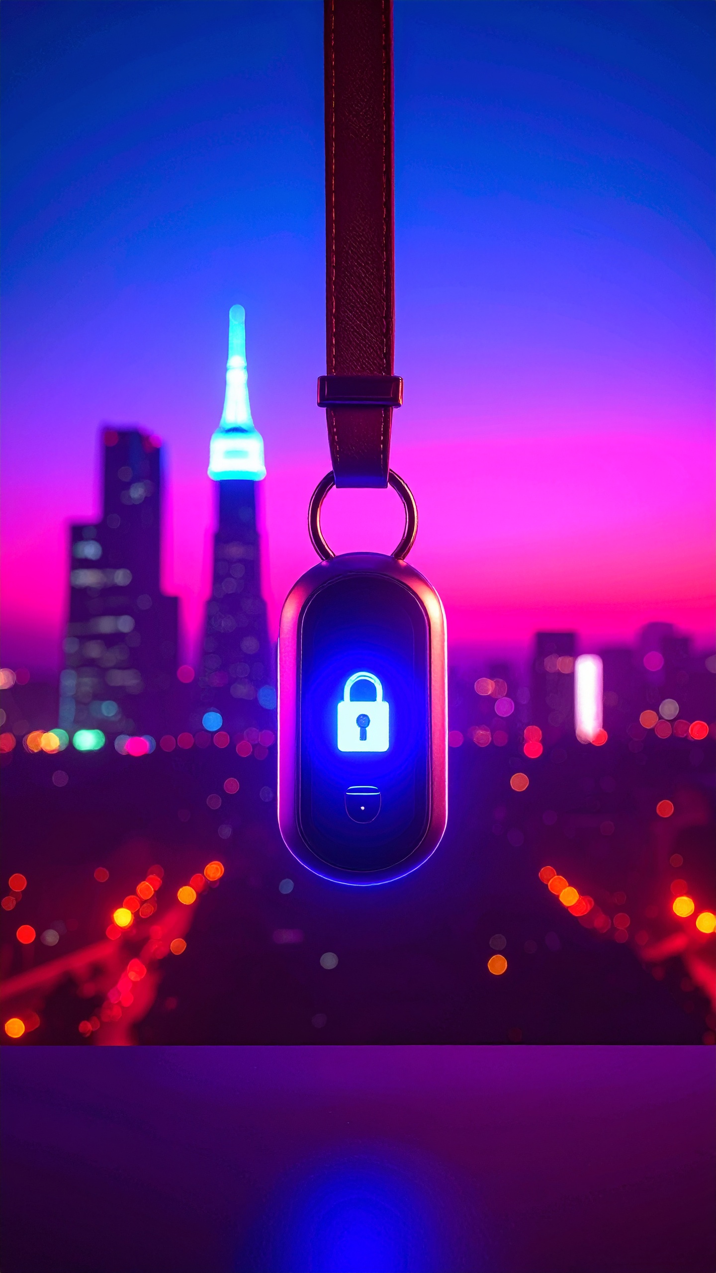 Close-up of a digital key fob with an illuminated padlock icon, hanging from a leather strap, set against a blurred city skyline at dusk.