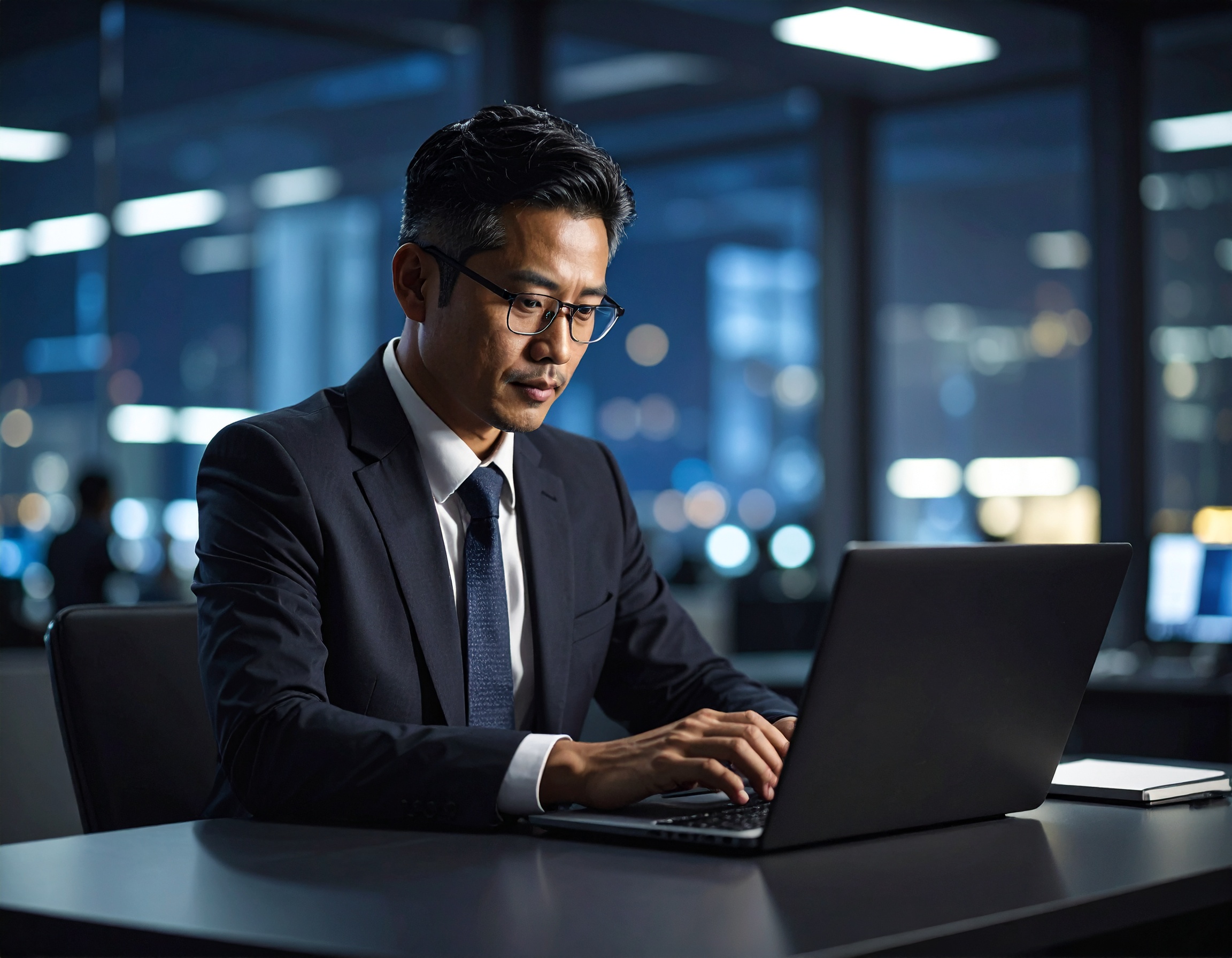 Business professional in a dark suit and glasses working intently on a laptop in a modern office with large windows and city lights in the background.