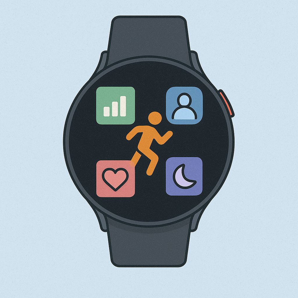 Illustration of a smartwatch display showing icons for fitness and health features including running, heart rate, sleep tracking, body metrics, and activity progress.