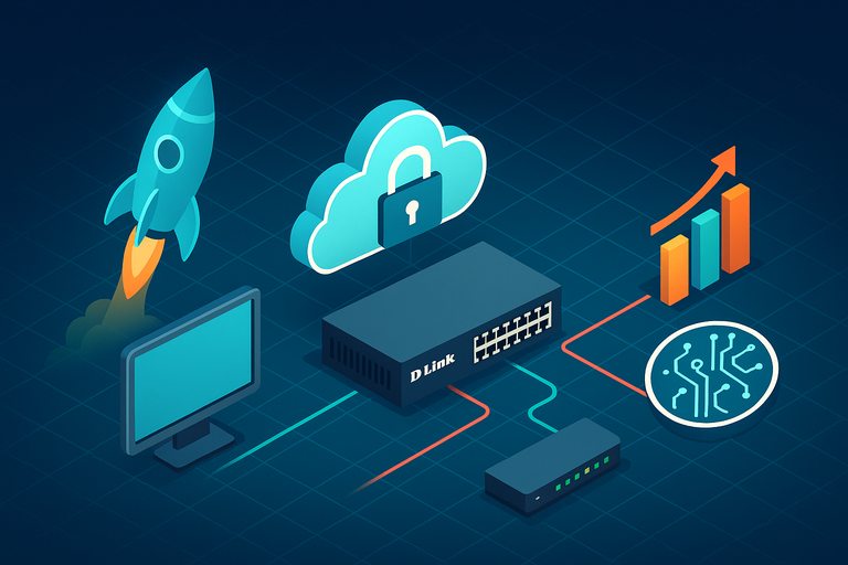 Isometric digital illustration depicting the future of networking with cloud-connected D-Link switches, a central globe representing global connectivity, and AI, automation, and cybersecurity icons indicating emerging technologies on a futuristic grid.