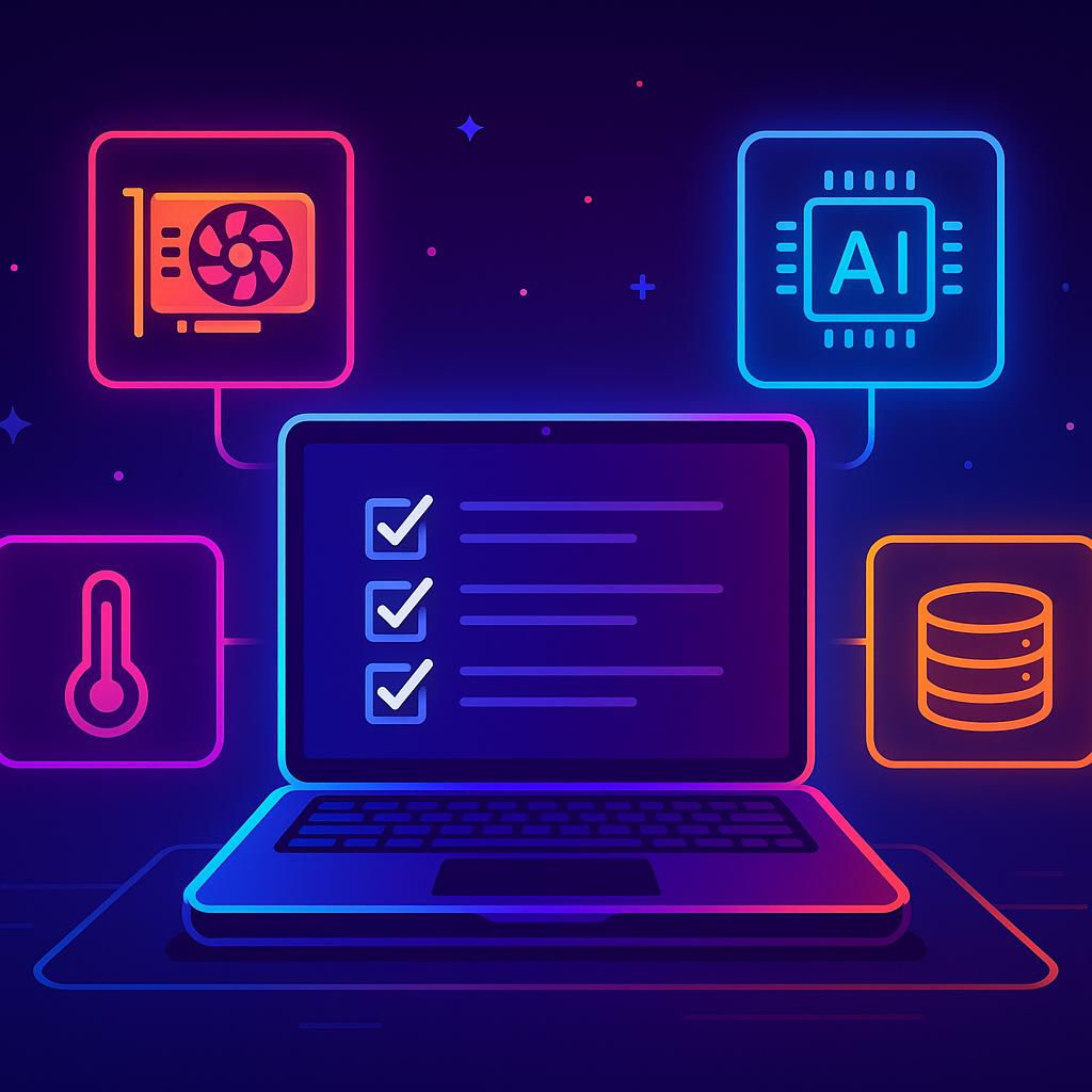 Futuristic neon illustration of a gaming laptop with glowing checklist on screen, surrounded by icons for GPU, AI chip, cooling, and storage, symbolizing choosing the right Legion laptop for different playstyles.