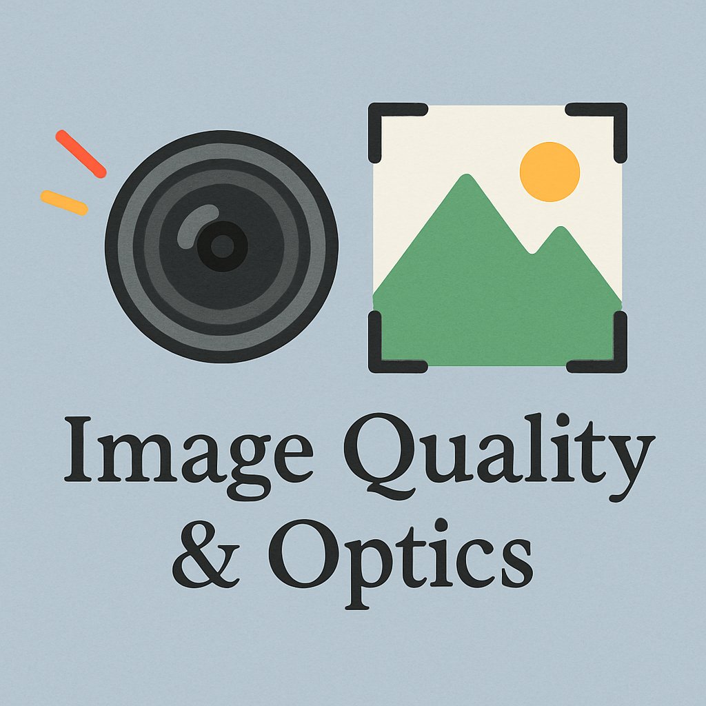 Illustration of camera lens optics with a modern abstract design, featuring a detailed lens and image icon symbolizing high-quality visuals.
