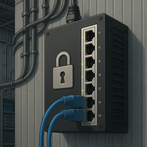 A rugged Ethernet switch with active ports and a padlock icon, symbolizing secure connectivity in an industrial setting with visible cables and server racks.