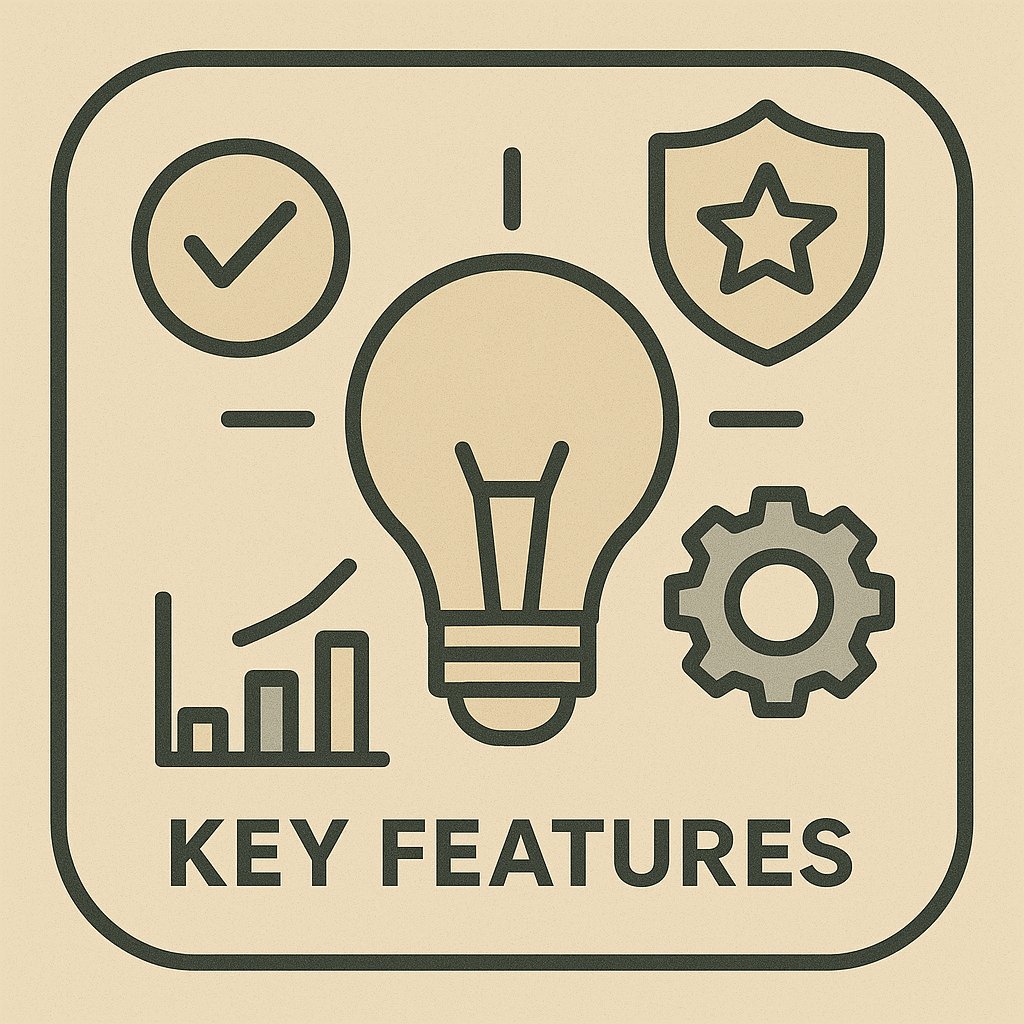 Digital vector illustration of key features represented by icons including a checkmark, shield, gear, bar chart, and central lightbulb.
