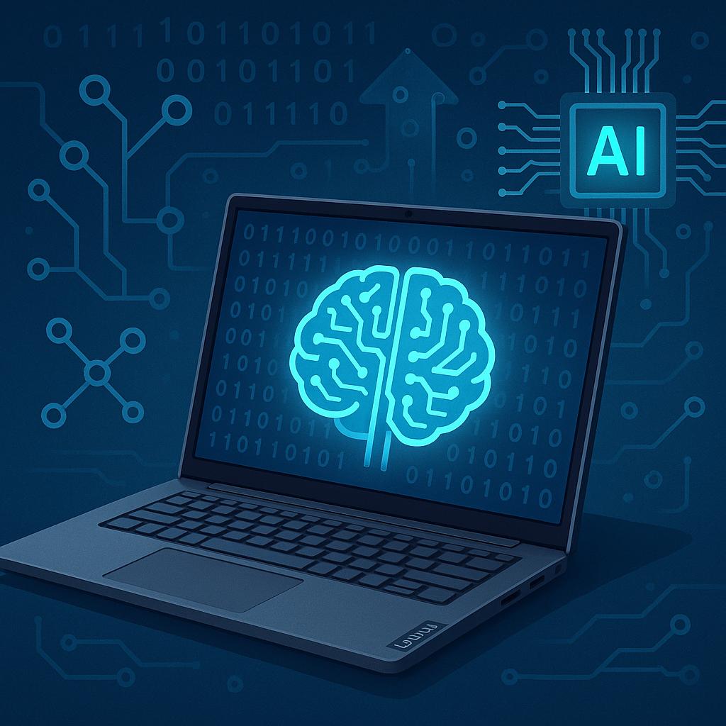 A digital illustration of a Lenovo laptop with a glowing AI brain symbol on its screen, surrounded by binary code, circuit patterns, and an AI microchip icon in the background.