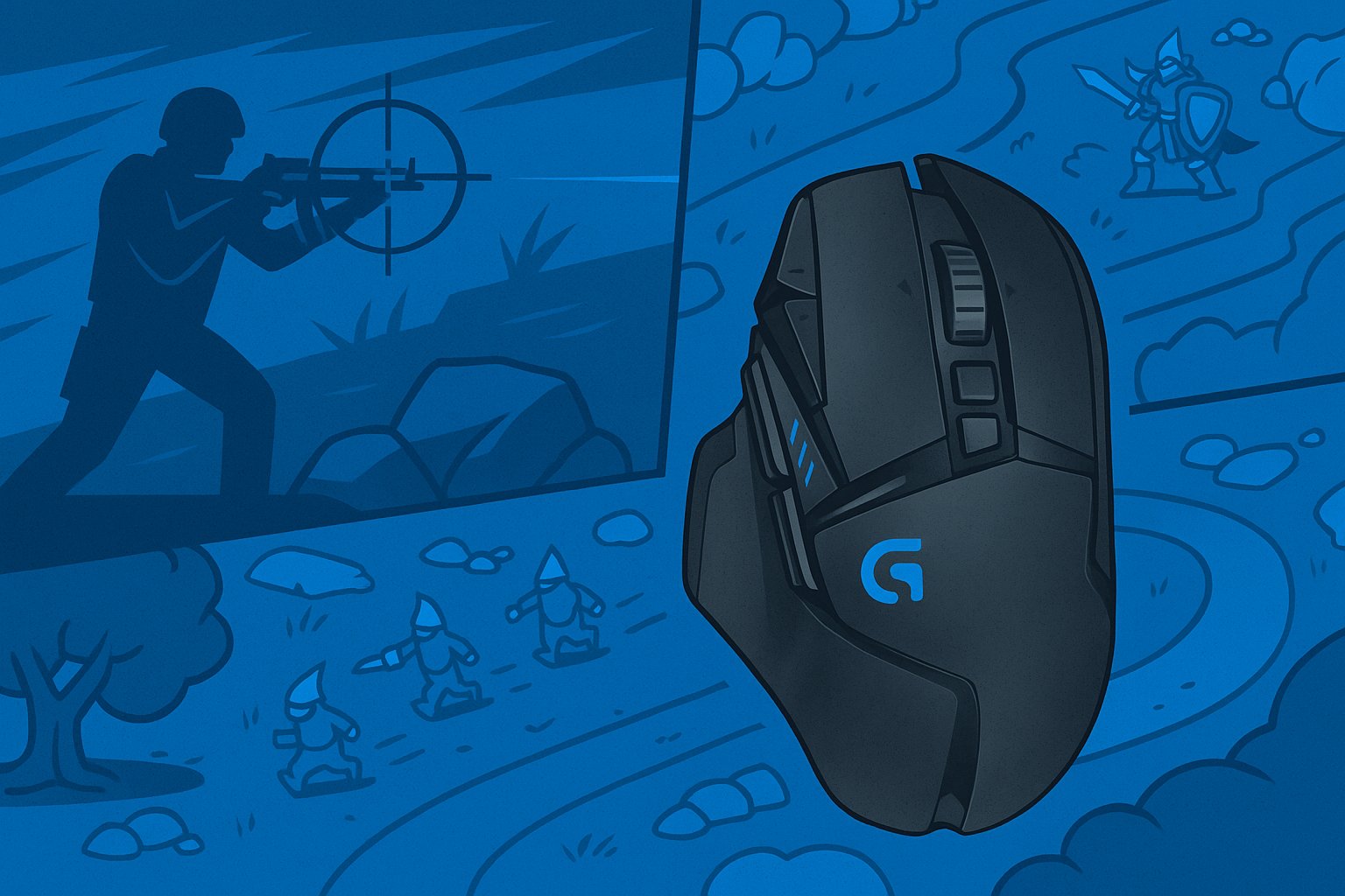 Illustration of a Logitech G502 gaming mouse in the center, with FPS and MOBA themes in the background—soldier aiming with crosshair on one side and fantasy minions with a knight on the other, all in a stylized blue design