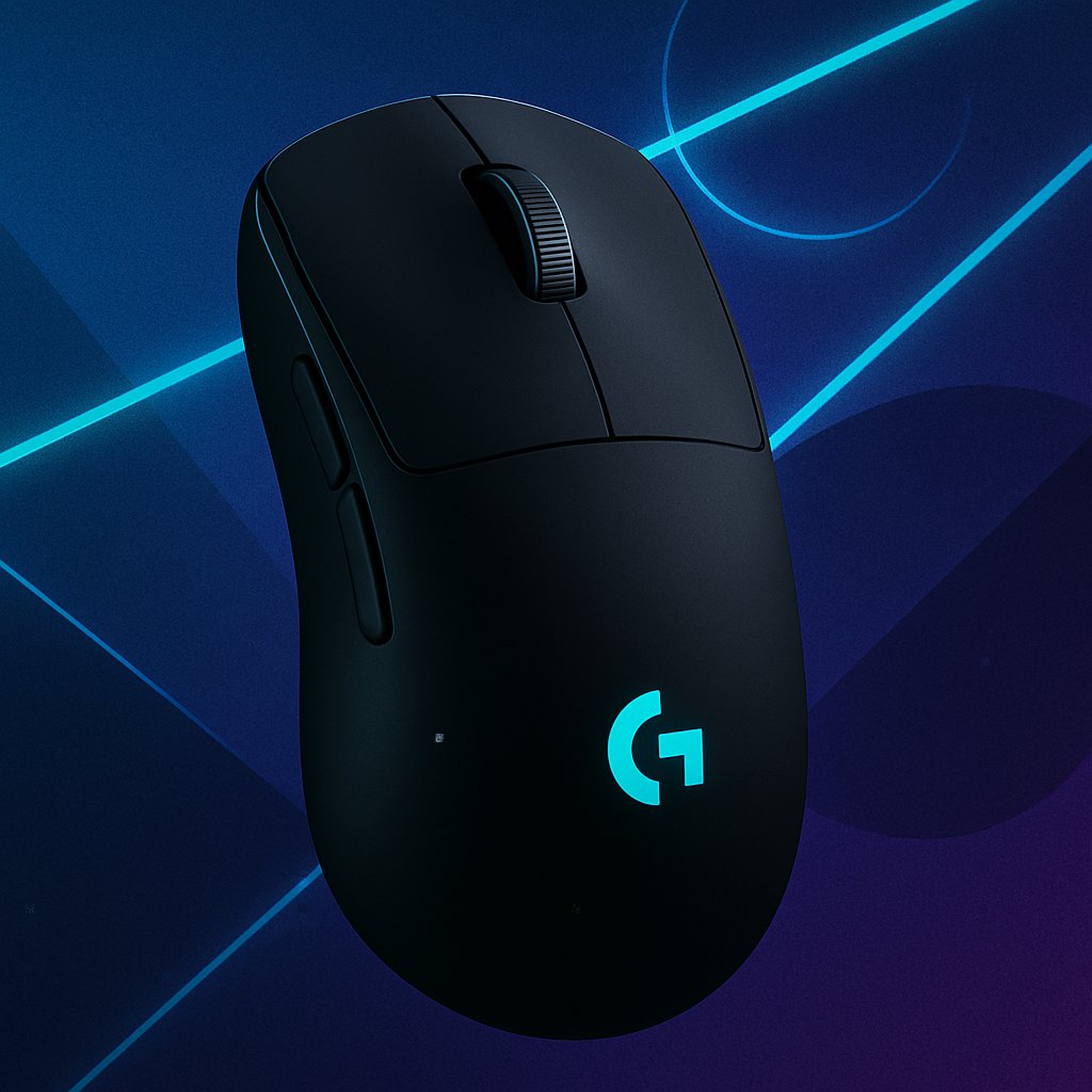 A sleek black Logitech G PRO 2 wireless gaming mouse with a glowing blue logo, displayed on a futuristic gradient background with neon light accents.