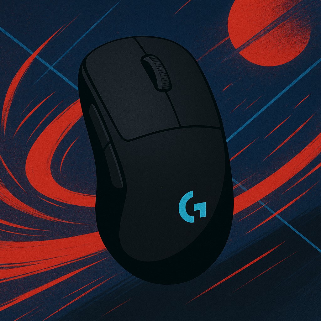 A sleek black Logitech G Pro wireless gaming mouse displayed against a dynamic red and blue background with motion streaks, emphasizing speed and precision.