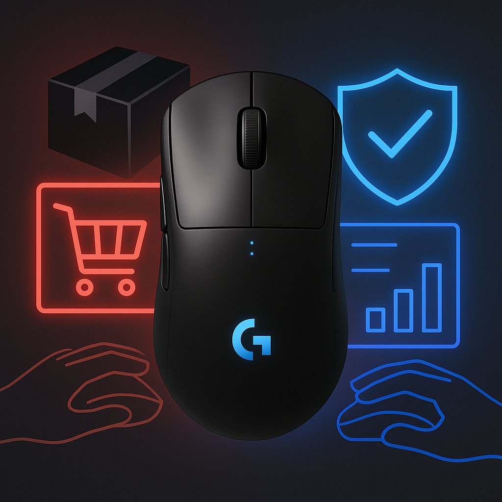 A black Logitech G wireless gaming mouse with a glowing blue logo, surrounded by icons of a shopping cart, product box, and shield with a checkmark, symbolizing secure purchase, warranty protection, and product authenticity.