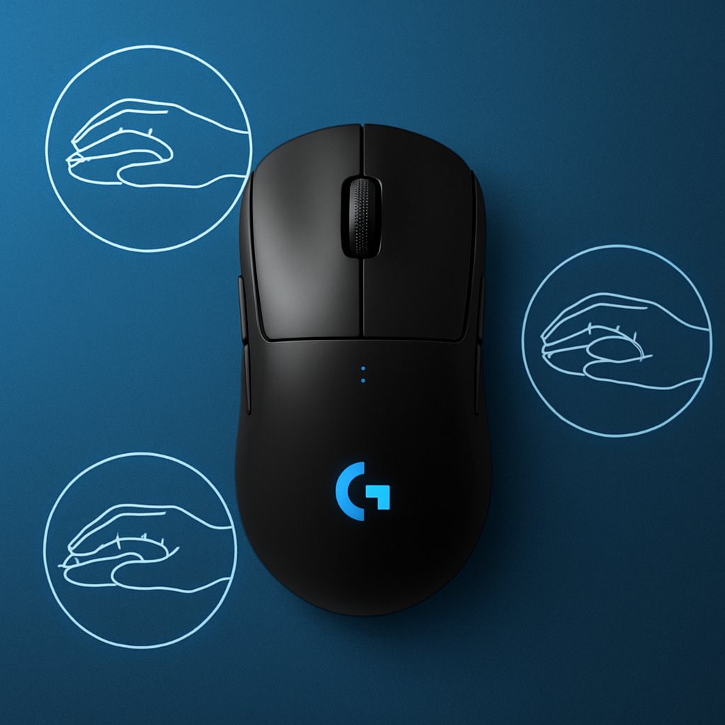 A black wireless gaming mouse with a glowing blue logo, surrounded by outlined illustrations of three grip styles—palm, claw, and fingertip—set on a gradient blue background.