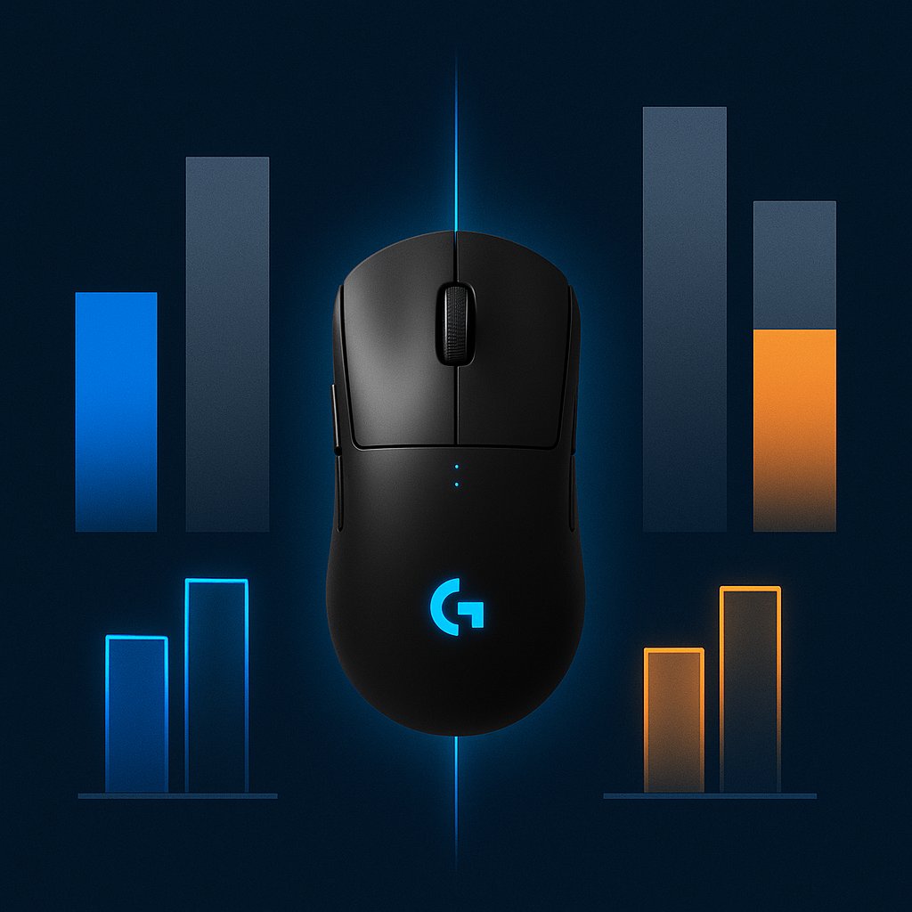 A black Logitech G wireless gaming mouse with a glowing blue logo, centered between blue and orange bar charts that symbolize performance comparisons against other mice.