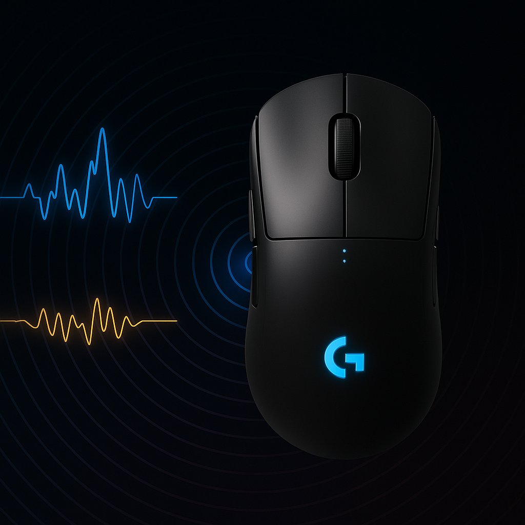 A black wireless gaming mouse with a glowing blue logo, displayed against a backdrop of blue and orange waveform signals and concentric tech-inspired lines symbolizing sensor precision, low latency, and endurance.