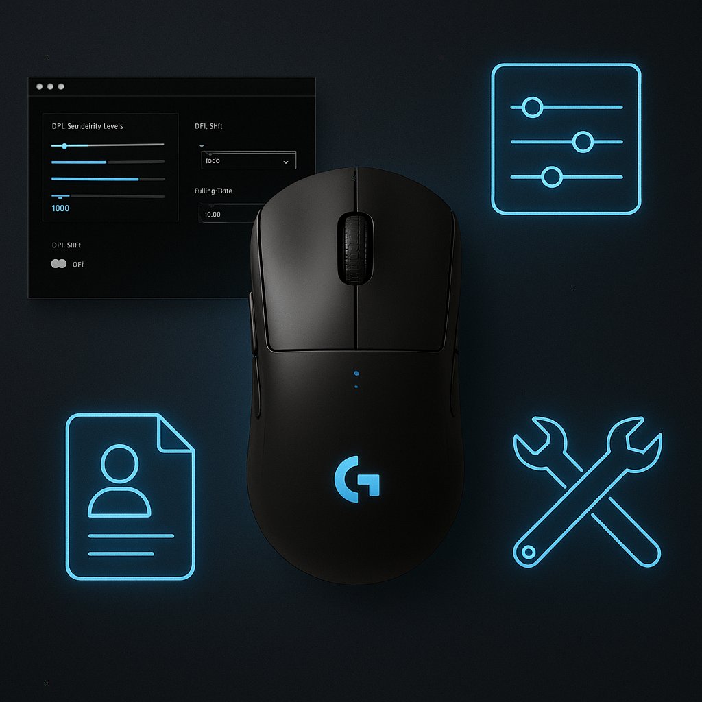 A black Logitech G wireless gaming mouse with a glowing blue logo, surrounded by neon interface icons showing DPI settings, profiles, and tuning tools, symbolizing fast setup and customization.