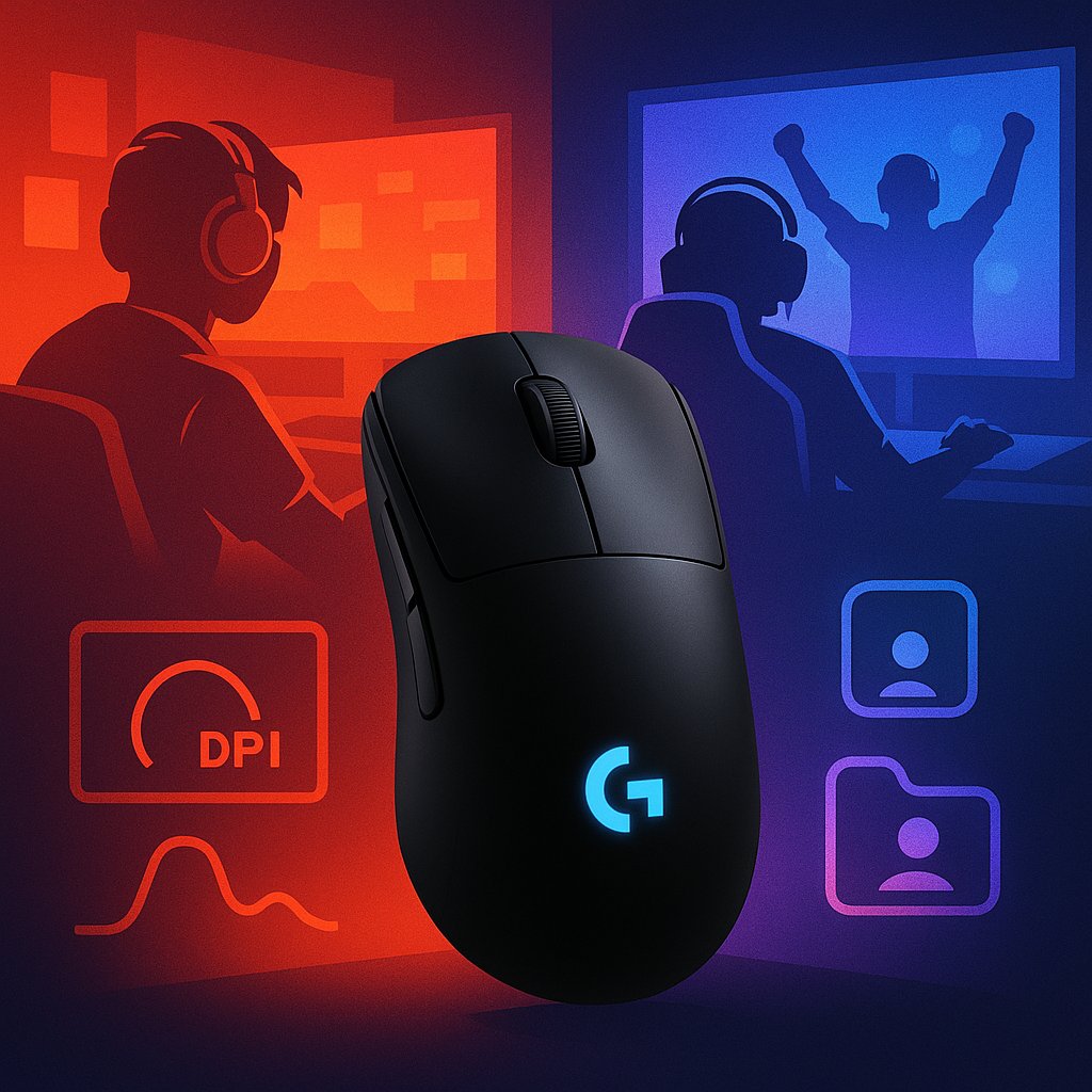 A black Logitech G wireless gaming mouse with a glowing blue logo, set between two gaming scenes: on the left, a casual player at home in red tones, and on the right, an esports competitor celebrating victory in blue tones, symbolizing use from ranked climbers to tournament grinders.