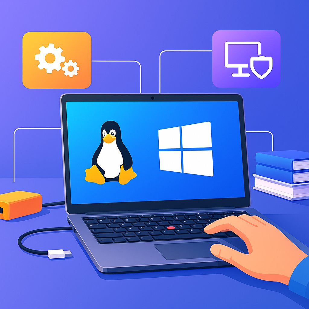 Illustration of a laptop displaying Windows and Linux logos on screen, surrounded by ecosystem icons and connected devices, symbolizing operating system and ecosystem flexibility.