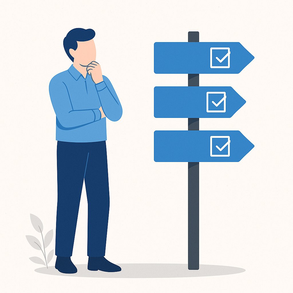 Illustration of a person deciding between multiple options, represented by a signpost with checkmarked directional signs.