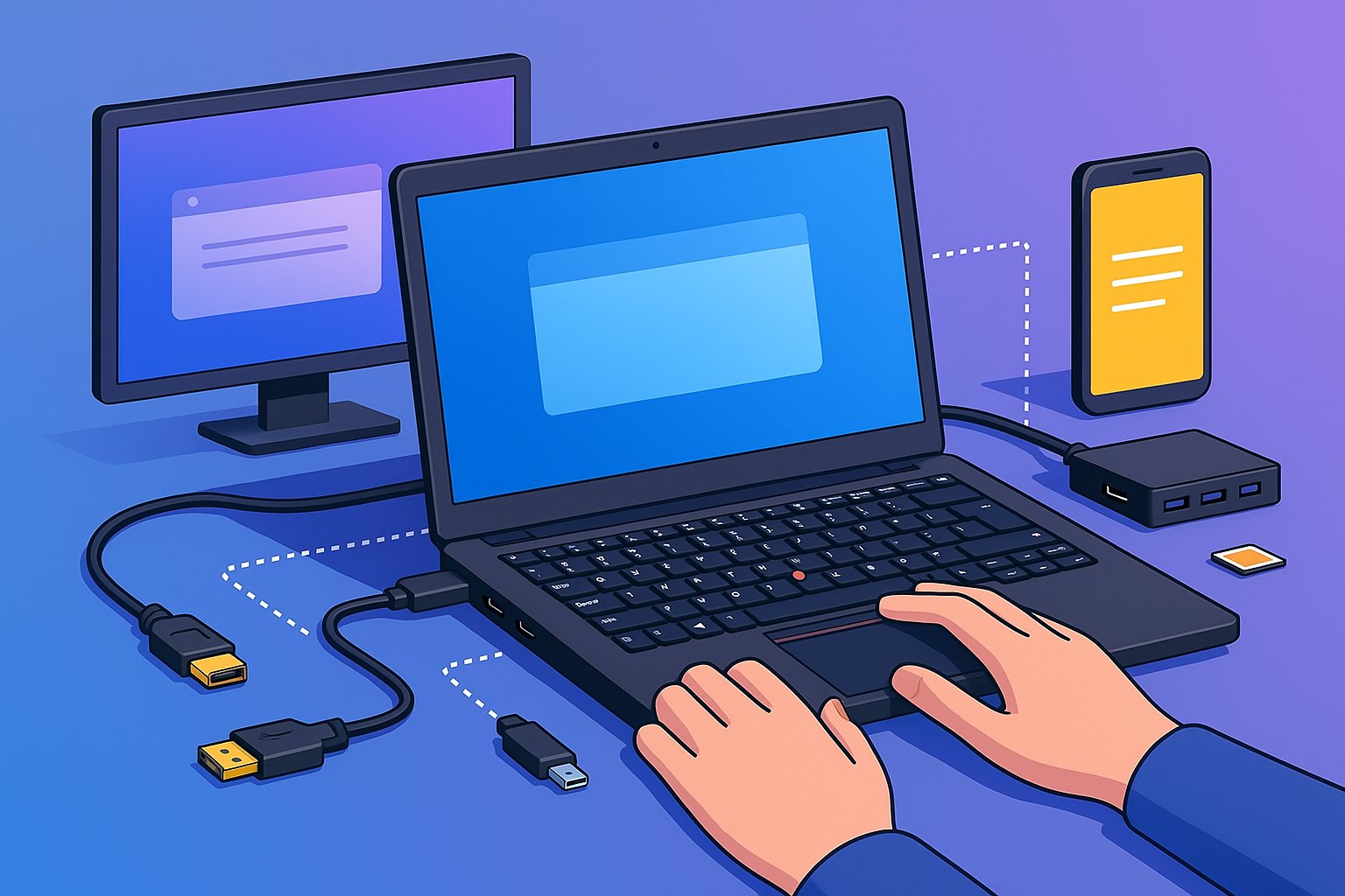 Illustration of a professional laptop connected to multiple devices through various ports, including USB, HDMI, and docking station, symbolizing versatile workflows and connectivity.