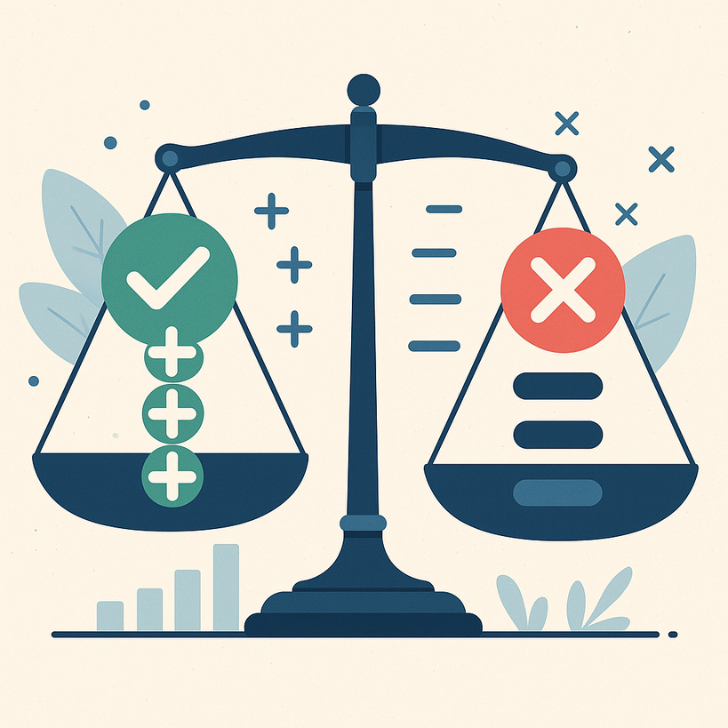Flat-style illustration of a balanced scale, with the left side showing green check marks and plus symbols representing pros, and the right side showing a red X and minus symbols representing trade-offs.