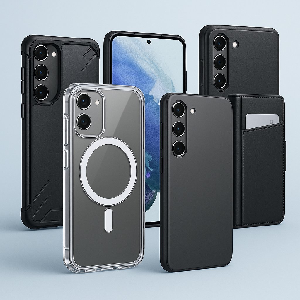 A display of five Samsung Galaxy S25 smartphones in different protective cases, including a clear magnetic case, rugged black case, slim matte case, and a wallet-style case with a card slot, shown against a light blue background.