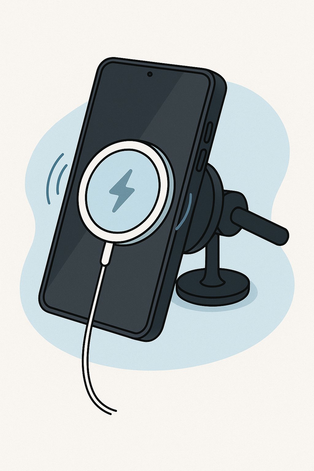 Illustration of a Samsung Galaxy S25 attached to a magnetic wireless charging pad on a car mount, with glowing charging symbol and alignment ring