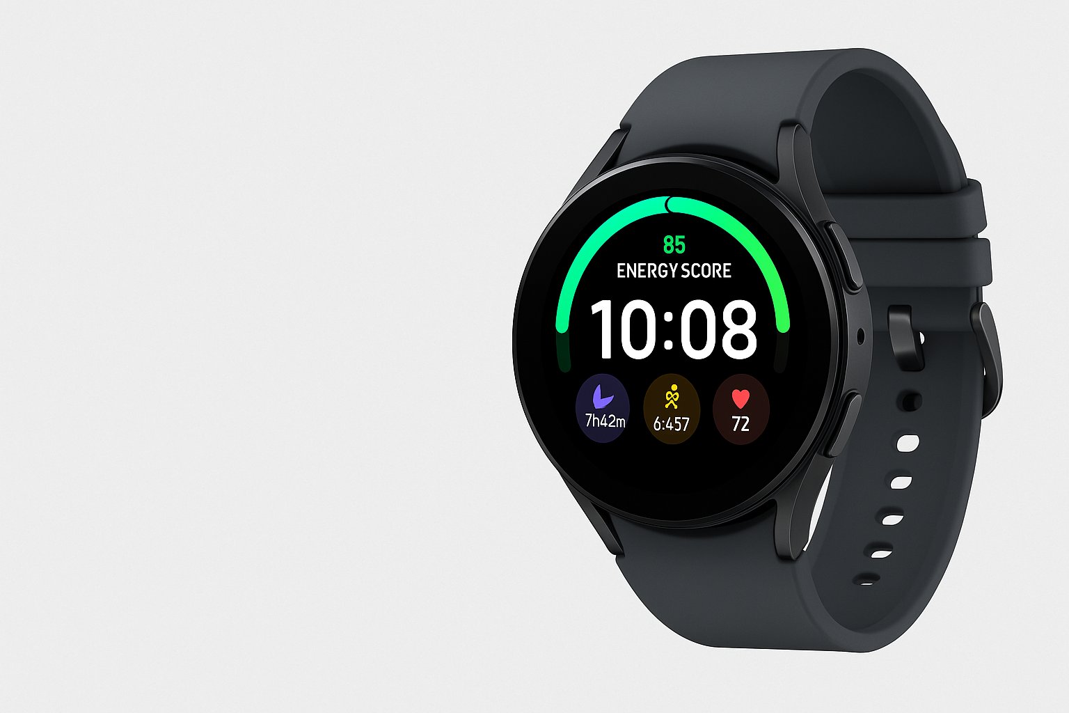 Samsung Galaxy Watch 8 with graphite band and AMOLED display showing fitness metrics including energy score, steps, heart rate, and sleep.