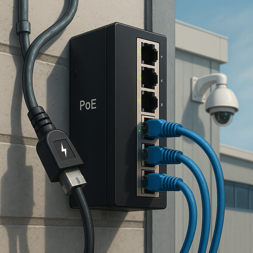A rugged outdoor PoE switch mounted on an industrial wall, connected to multiple blue Ethernet cables, with a security camera visible in the background under a clear sky.