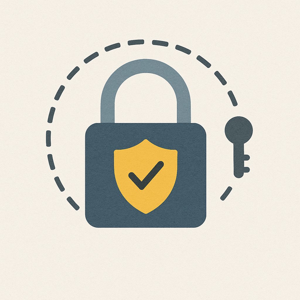 Minimalist illustration of a blue padlock with a yellow shield and checkmark, surrounded by a dashed circle and a key symbolizing security and hardening.