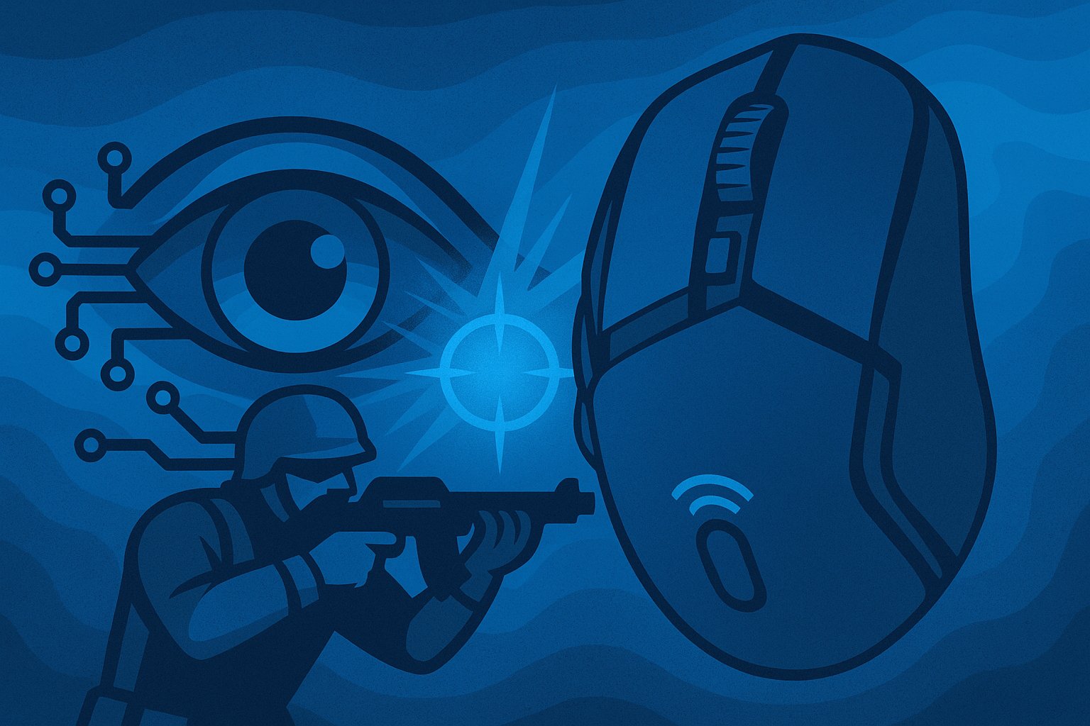 Illustration of a gaming mouse emitting sensor signals, a futuristic digital eye with circuit patterns, and a soldier aiming, all connected by a glowing crosshair symbolizing precision tracking technology