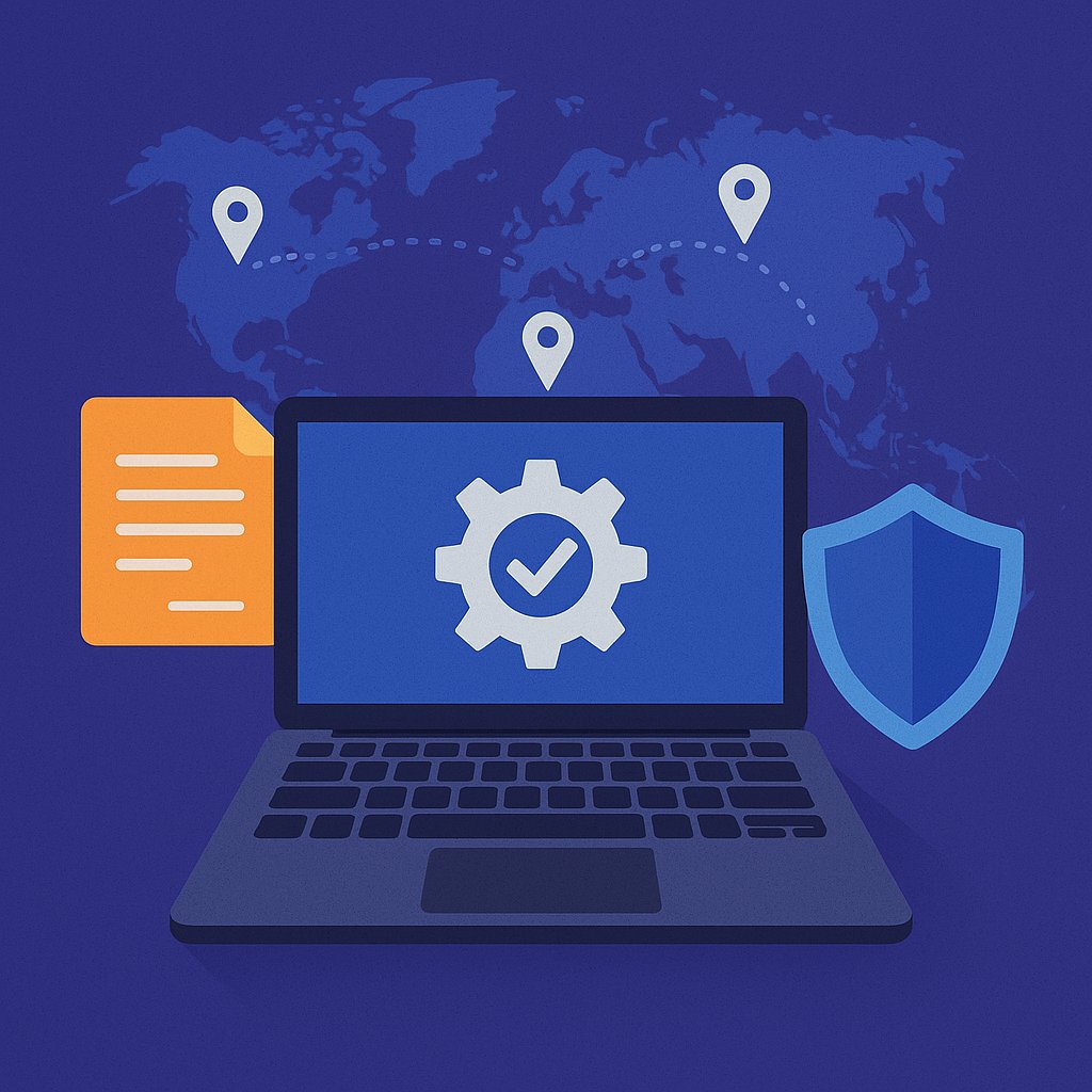 Illustration of a laptop with a gear and checkmark on screen, surrounded by a document, shield, and a world map with location pins, symbolizing service, warranty, and global reach.