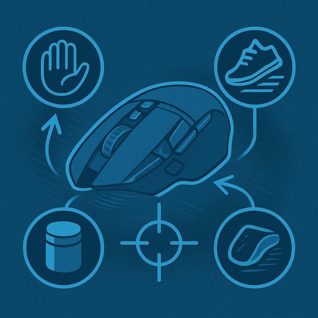 Illustration of a gaming mouse with icons around it: a hand for grip style, a weight for customization, a running shoe for glide, and a curved shape for ergonomics, connected with arrows to represent personal feel