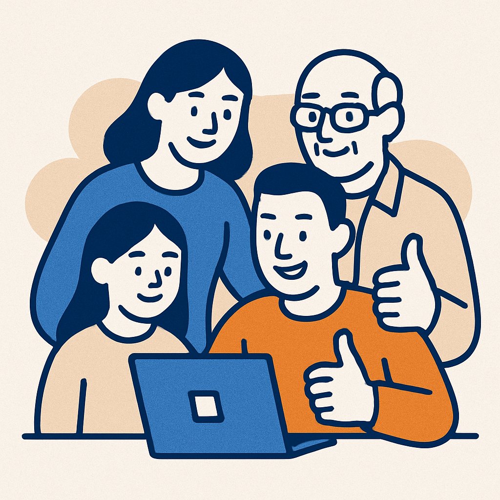 Flat-style illustration of four diverse people gathered around a laptop, smiling and giving thumbs up, symbolizing simplicity and inclusivity.