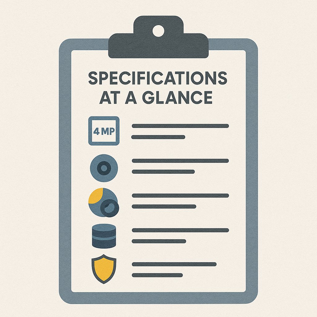Illustration of a clipboard with icons and bullet points symbolizing technical specifications overview, featuring a camera, chip, storage, and security shield.