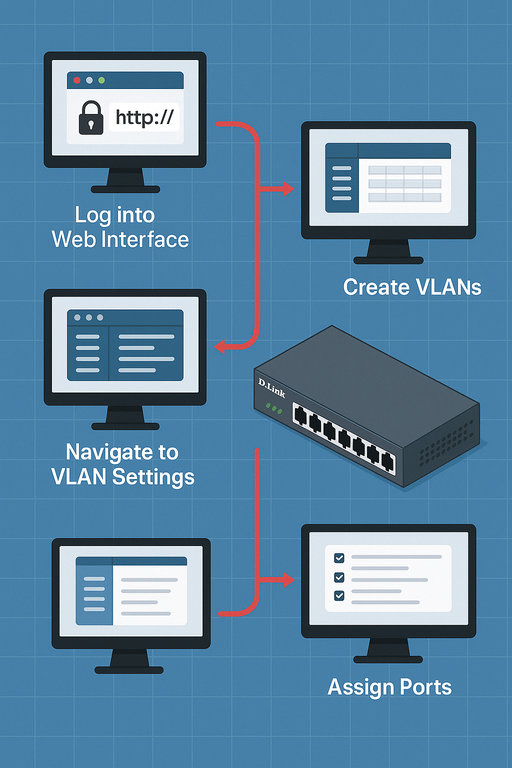 Step-by-step illustration showing VLAN setup on a D-Link switch using four computer monitor icons—log into web interface, navigate to VLAN settings, create VLANs, assign ports—connected with red arrows and a D-Link switch at the center