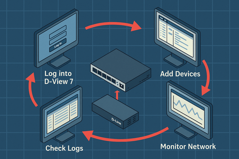 Step-by-step illustration showing the D-Link D-View 7 tutorial process in four phases: logging in, adding devices, monitoring the network, and checking logs—each displayed on individual monitors in a circular flow around a central D-Link switch, set against a dark blue grid background.