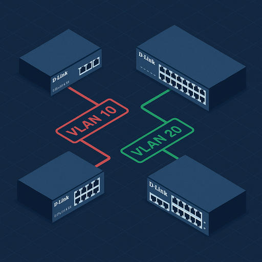 Isometric digital illustration showing four different D-Link switch models—ranging from 8-port to 48-port—connected to VLAN 10 and VLAN 20 segments using red and green network lines, against a blue grid background