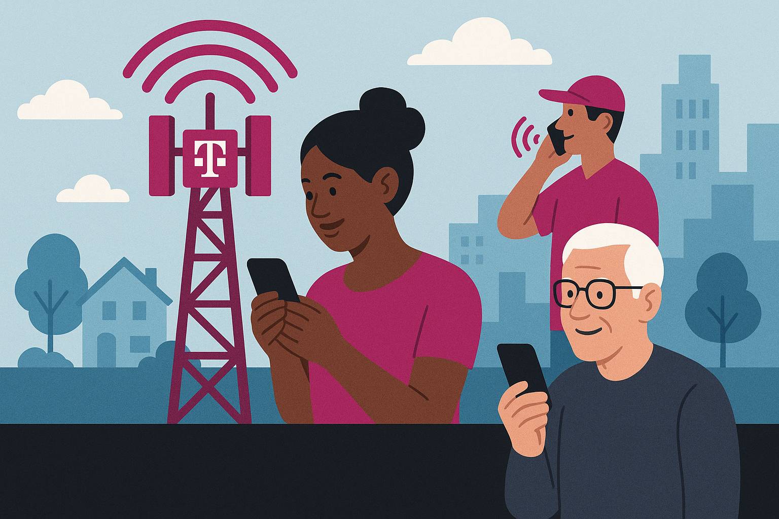 Illustration of diverse people using smartphones near a magenta T-Mobile tower providing connectivity in both suburban and urban areas, with no text in the image
