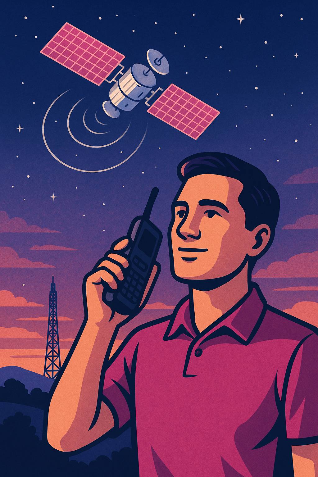 Illustration of a person using a satellite phone with a satellite orbiting above, symbolizing T-Mobile’s satellite phone service and global connectivity.