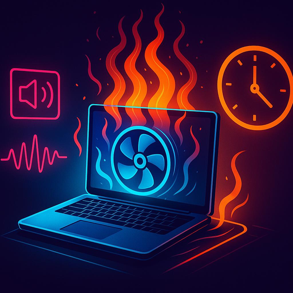 Futuristic digital illustration of a gaming laptop with glowing cooling fan, heat waves, sound wave icons, and a clock, symbolizing thermals, acoustics, and sustained performance.