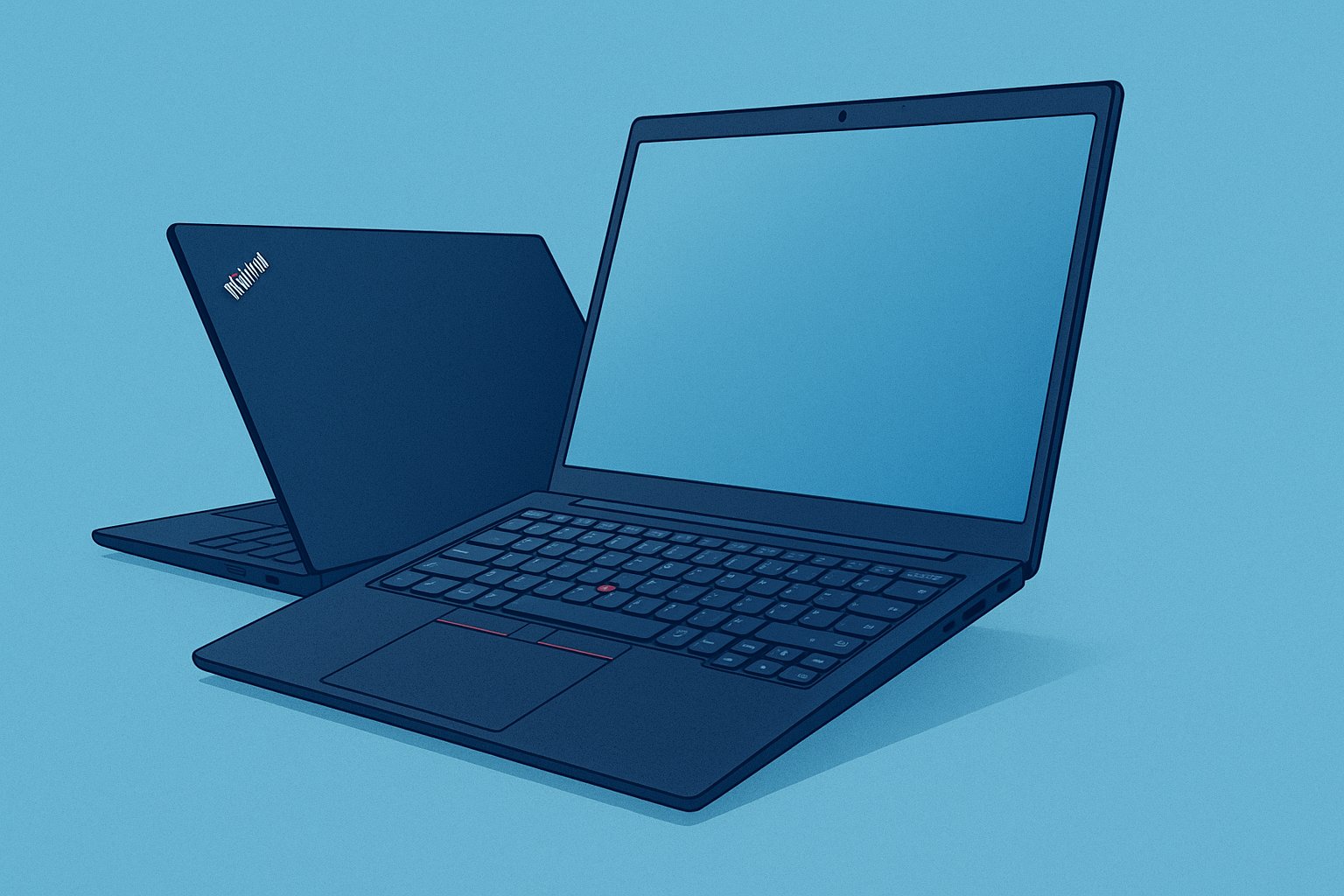 Digital illustration of the ThinkPad X9 Gen 14 Aura Edition laptop in a three-quarter view, featuring a slim dark blue design with a red TrackPoint and the ThinkPad logo, set against a blue background.