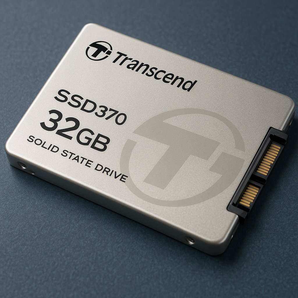 A Transcend SSD370 32GB SATA III solid state drive with metallic casing and visible SATA connector, symbolizing high-speed storage.