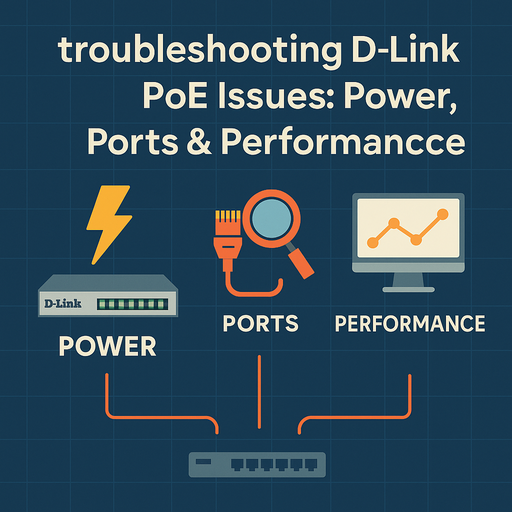Flat-style infographic showing three key areas of D-Link PoE troubleshooting—Power, Ports, and Performance—each illustrated with an icon and connected to a central D-Link switch on a dark blue grid background.