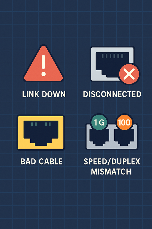 Flat-style digital illustration highlighting common port and connection issues including Link Down, Disconnected, Bad Cable, and Speed/Duplex Mismatch—each depicted with labeled icons on a dark blue grid background.