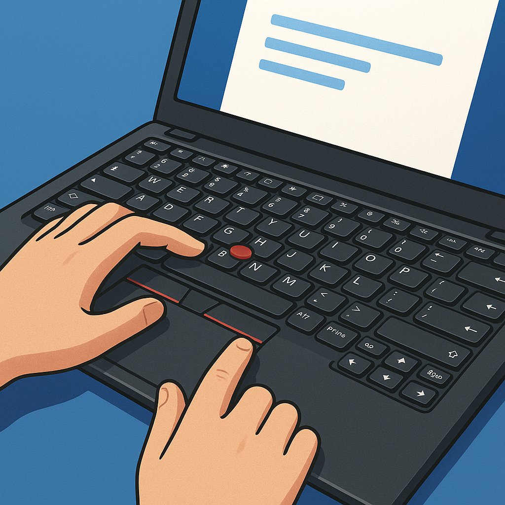 Illustration of hands typing on a laptop keyboard with a red TrackPoint pointing stick and touchpad, symbolizing comfort and precision in typing and pointing experience.