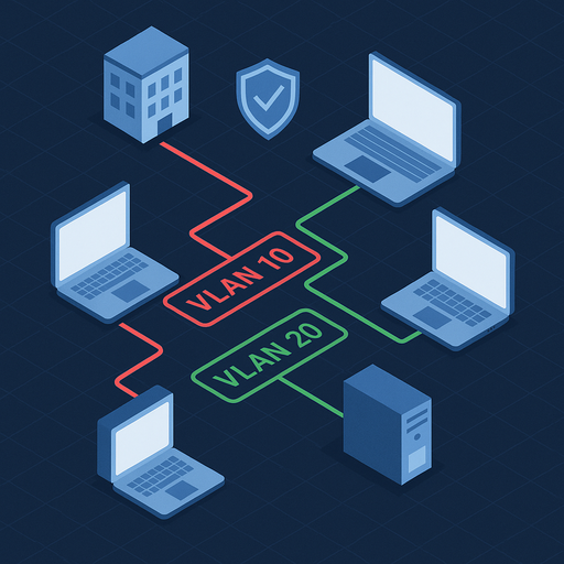 Isometric digital illustration of VLAN usage showing two separate VLAN groups—VLAN 10 and VLAN 20—connecting multiple devices with red and green network paths. Shield and office building icons emphasize security and segmentation benefits